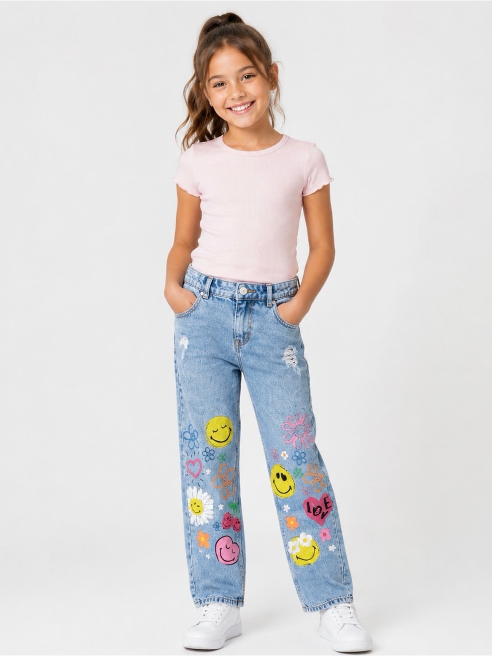 SmileyWorld Kids 9Y Light Wash Graphic Denim Jeans